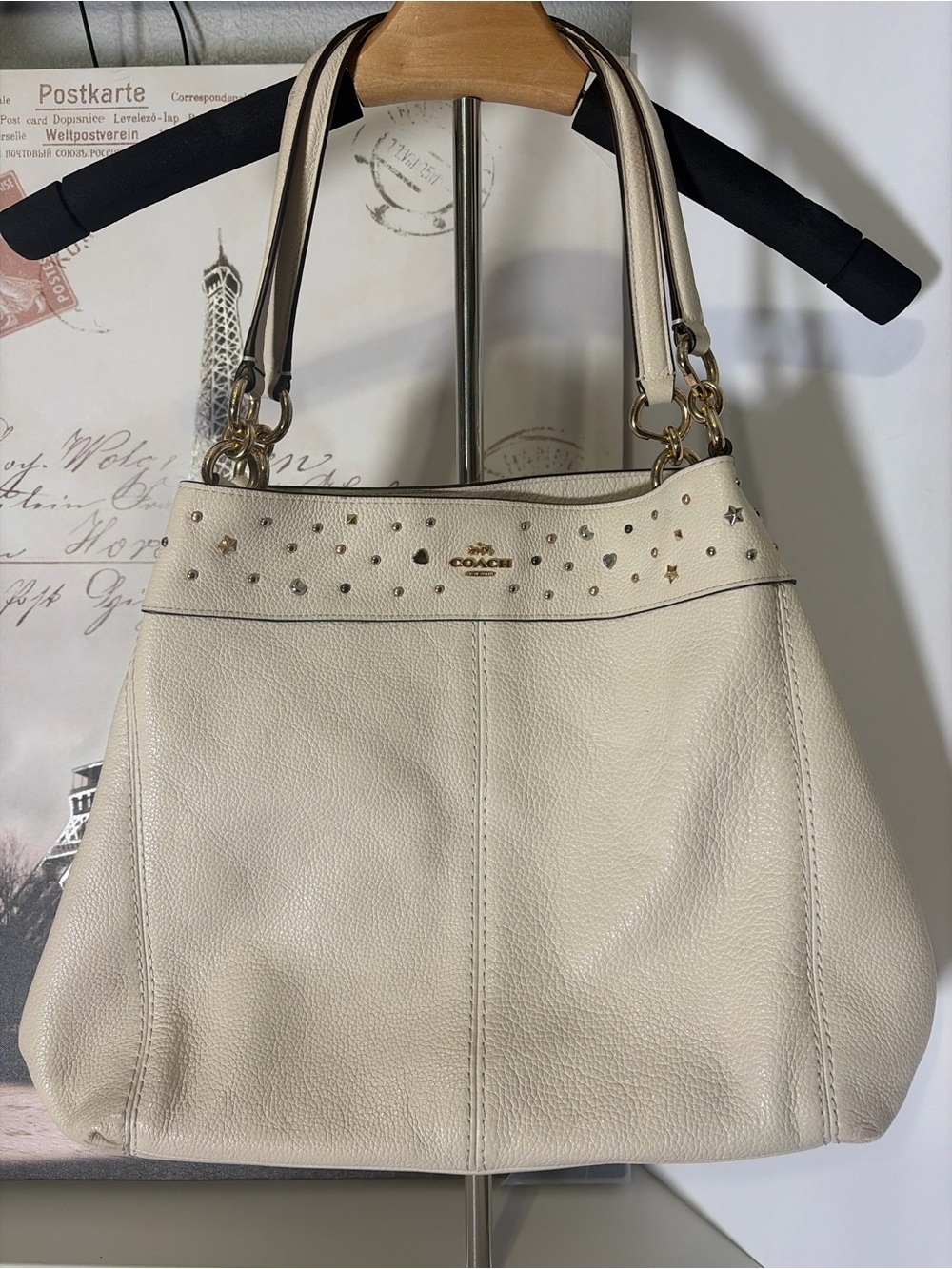 Coach F22744 Chalk Pebbled Leather Studded Rivet Shoulder Bag Purse